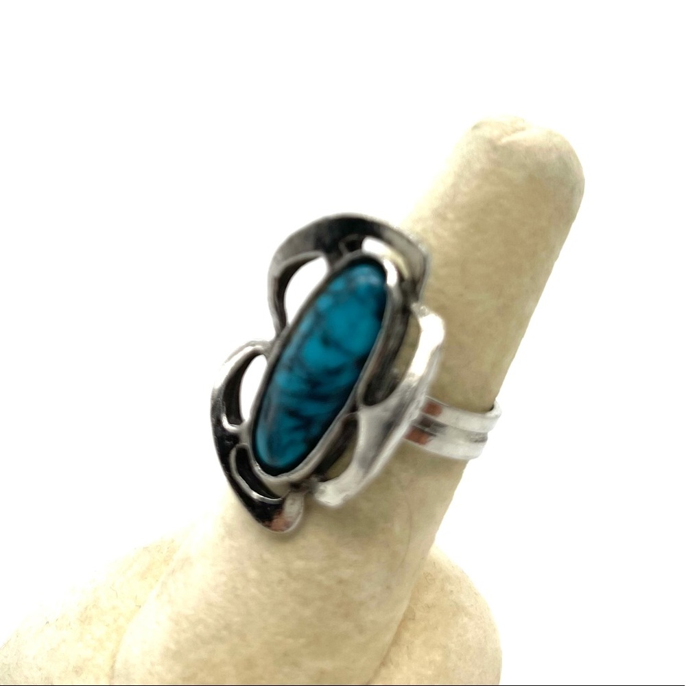 Turquoise On Silvertone Statement Ring - image 5